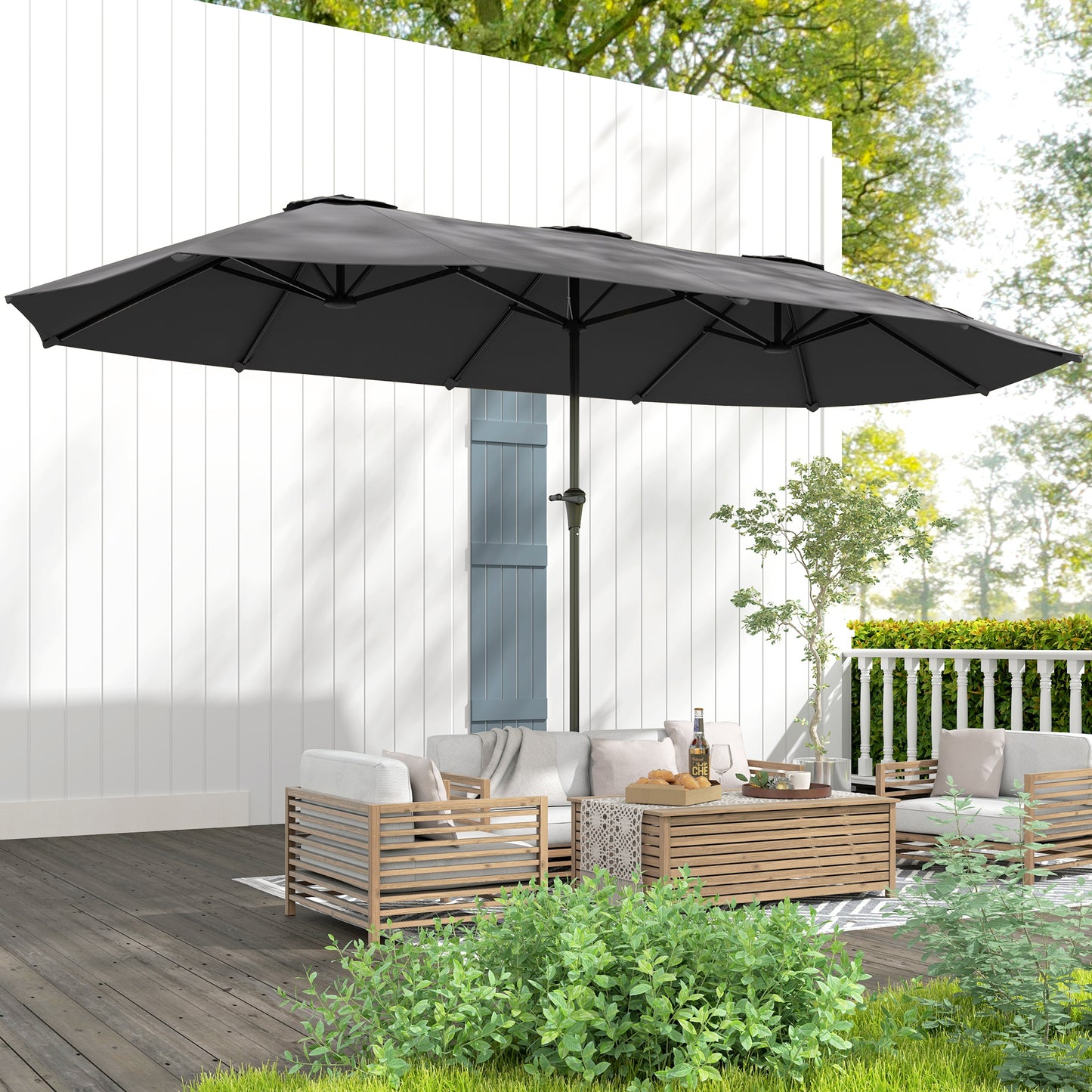 13ft Double-Sided Patio Umbrella with Crank Handle, for Poolside, Deck, Garden, Dark Grey