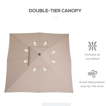 10x10ft Wood Square Patio Umbrella Garden Market Parasol Sunshade Canopy with 2 Pulley Pagoda Style, Khaki
