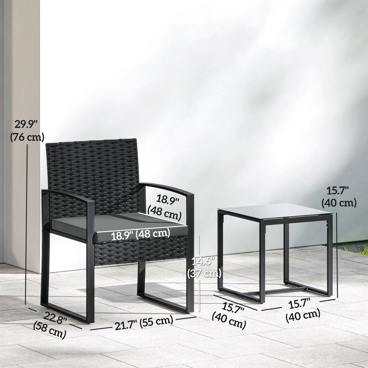 Outdoor Bistro Set, 3 Piece Wicker Patio Furniture Set with Glass Top Table and Cushions for Porch, Balcony, Dark Grey