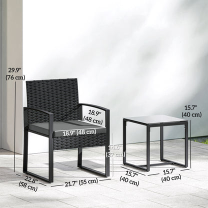 Outdoor Bistro Set, 3 Piece Wicker Patio Furniture Set with Glass Top Table and Cushions for Porch, Balcony, Dark Grey