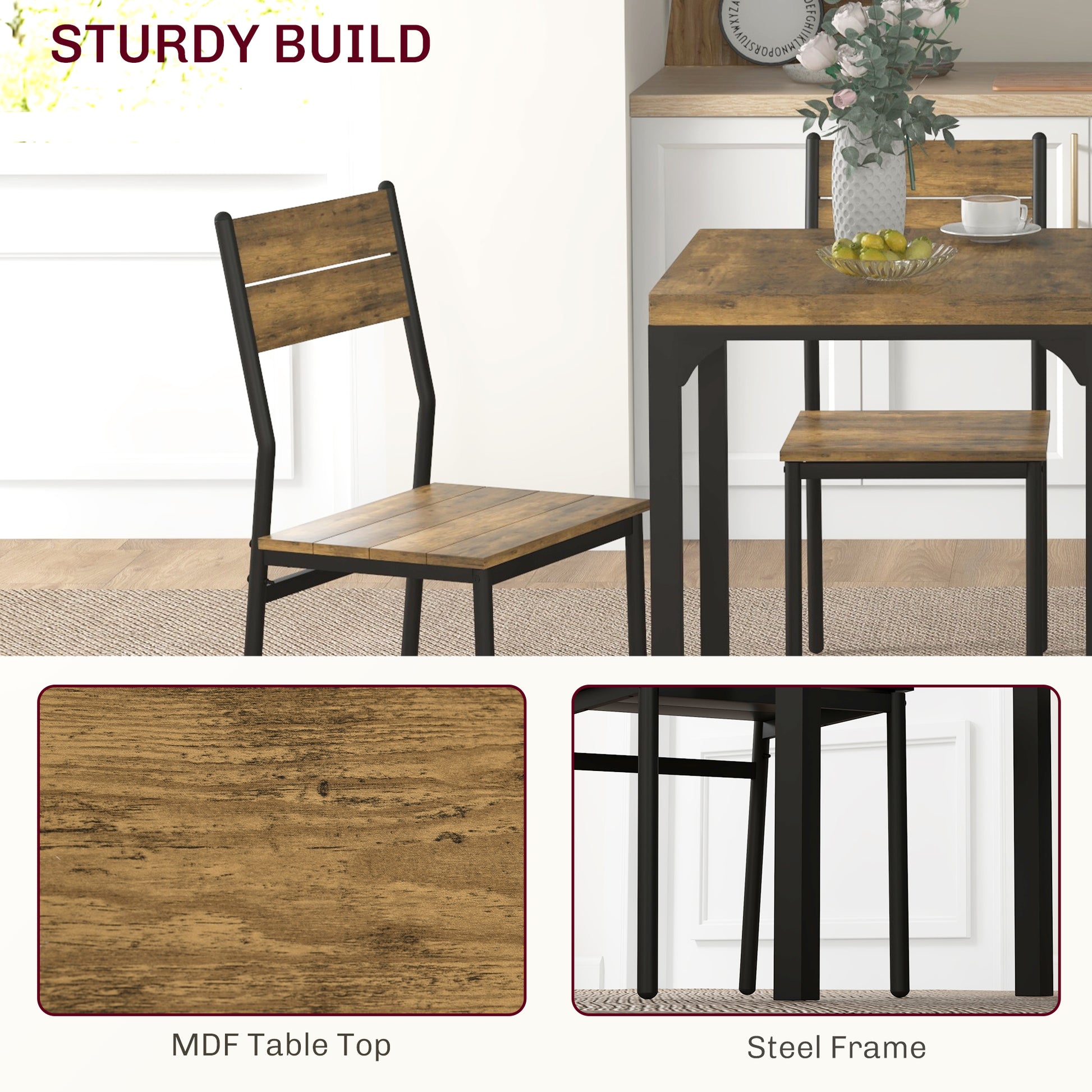 Dining Table Set for 2, 3 Piece Kitchen Table and Chairs with Metal Legs for Small Spaces, Rustic Brown