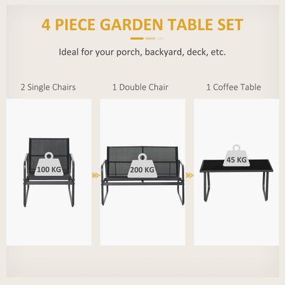 4 Piece Patio Furniture Set, Outdoor Conversation Set with Loveseat Sofa, Armchairs, Glass Top Coffee Table, Black