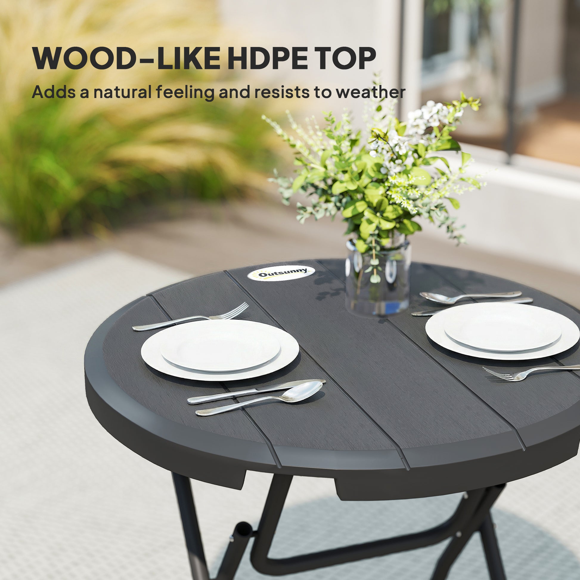Foldable Round Patio Table for 4, Outdoor Dining Table with HDPE Tabletop and Steel Frame, Dark Grey