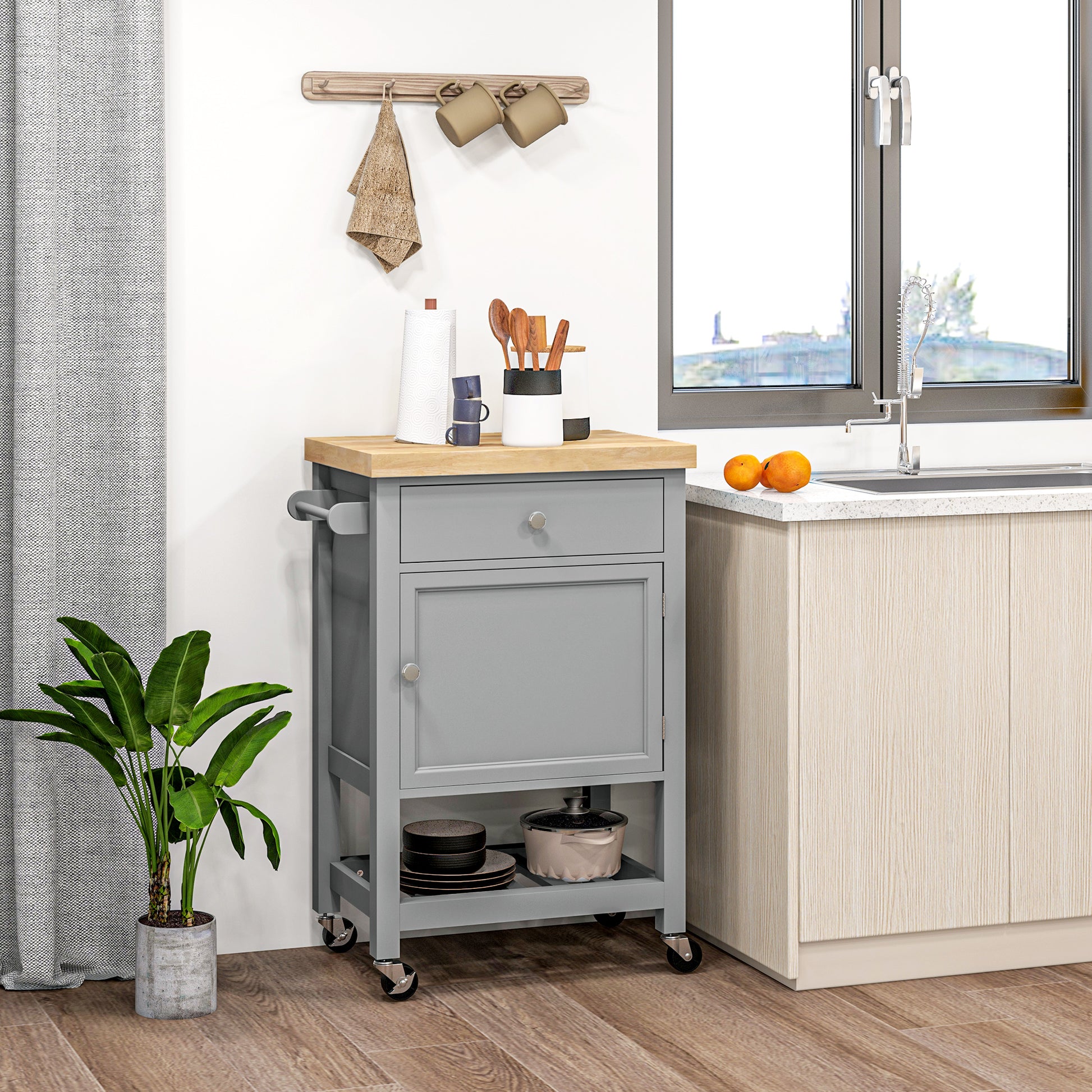 Kitchen Cart on Wheels, Rolling Kitchen Island Cart with Wood Top, Towel Rack, Drawer and Shelf for Dining Area, Grey