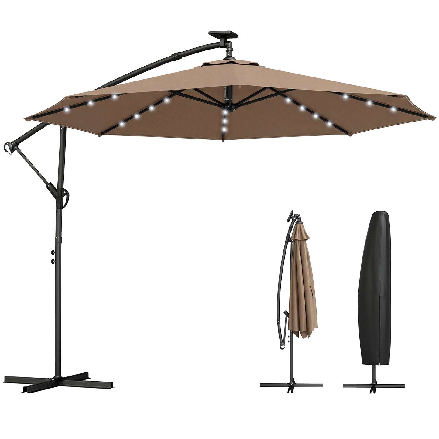 9.7 ft Cantilever Patio Umbrella with Solar Light, Garden Hanging Parasol with Cover, Tilt, Crank, Khaki