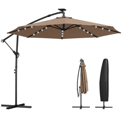 9.7 ft Cantilever Patio Umbrella with Solar Light, Garden Hanging Parasol with Cover, Tilt, Crank, Khaki
