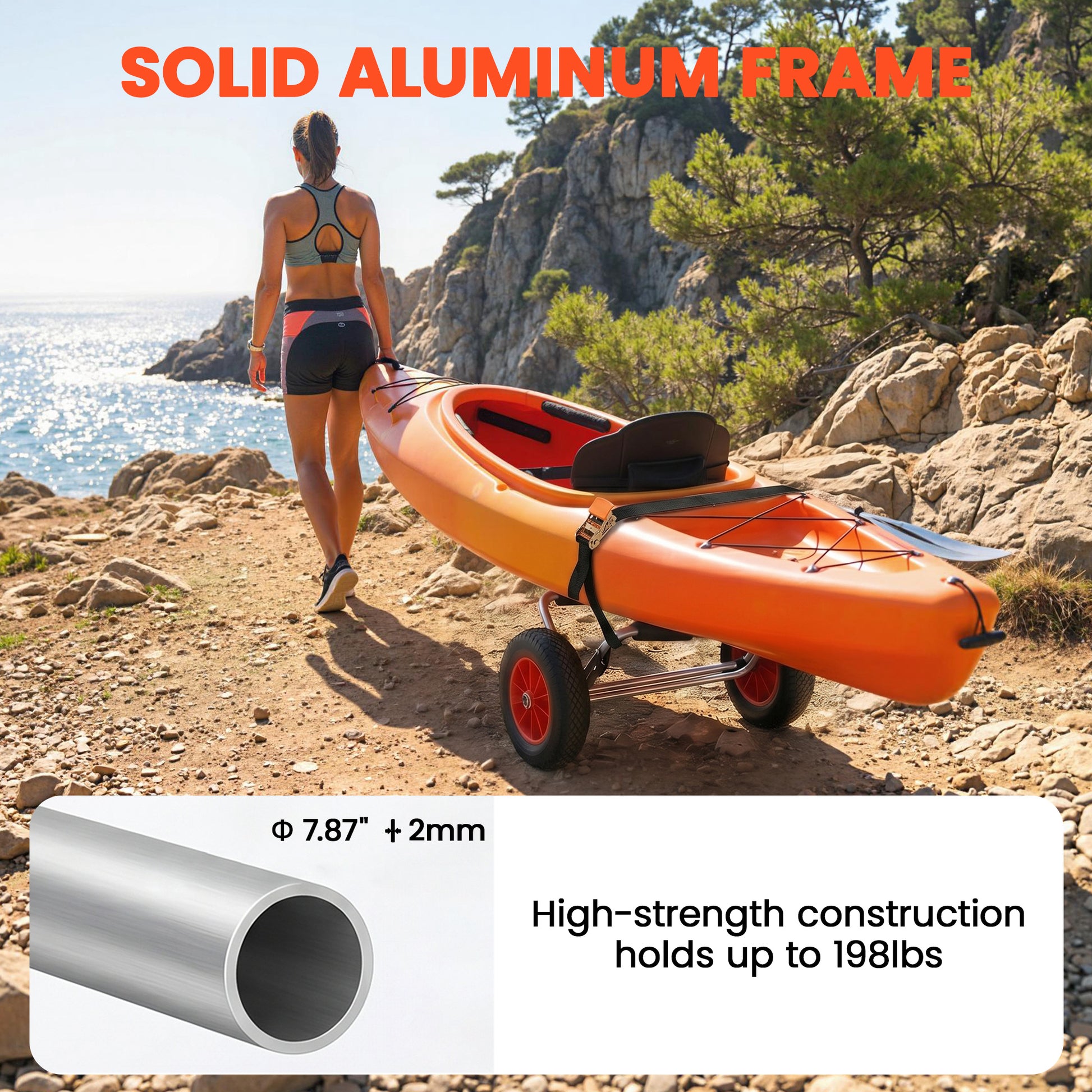 Soozier 198LBS Kayak Cart, Foldable Canoe Trolley Cart, Kayak Trailer with Tie-Down Strap, 10'' No-Flat Wheels and Aluminum Frame, Silver