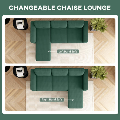 Sectional Sofa with Changeable Chaise Lounge, 3 Seat L-Shaped Sofa, Upholstered Couch for Small Space, Dark Green