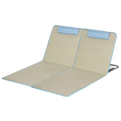 Set of 2 Beach Lounge Chair, Folding Ground Beach Mat w/ Adjustable Back, Steel Frame, Head Pillow and Carry Bag, Beige