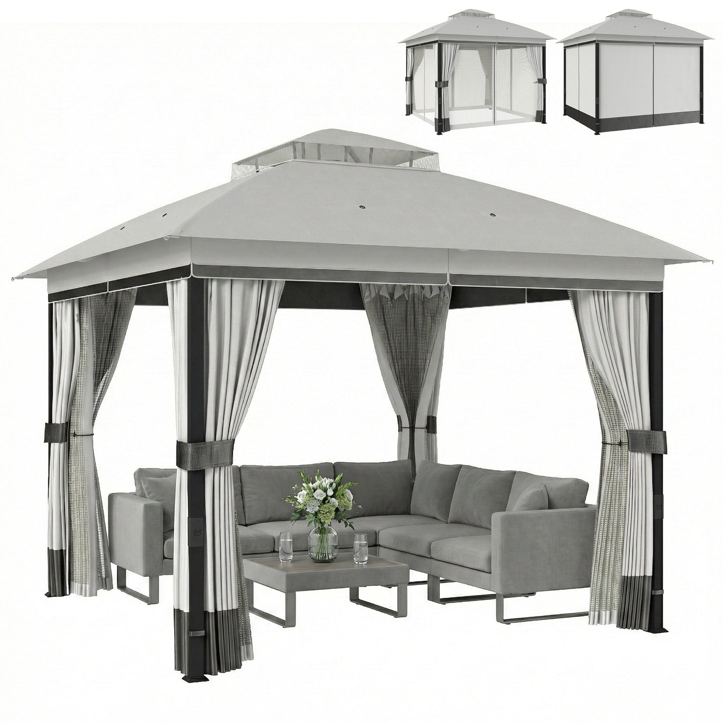 10' x 10' Patio Gazebo, UPF50+ Double Roof Outdoor Gazebo Canopy with Netting and Curtains, Steel Frame, Light Grey
