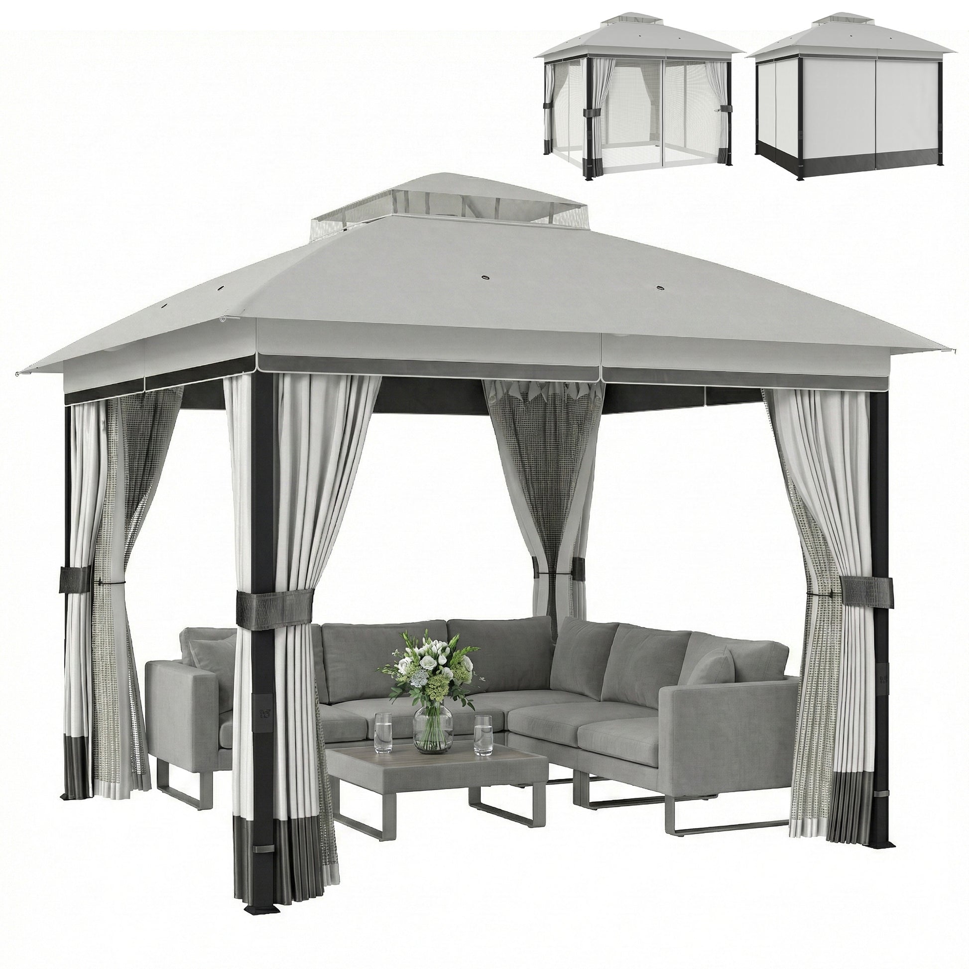 10' x 10' Patio Gazebo, UPF50+ Double Roof Outdoor Gazebo Canopy with Netting and Curtains, Steel Frame, Light Grey