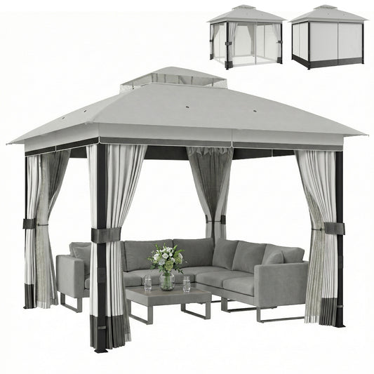 10' x 10' Patio Gazebo, UPF50+ Double Roof Outdoor Gazebo Canopy with Netting and Curtains, Steel Frame, Light Grey