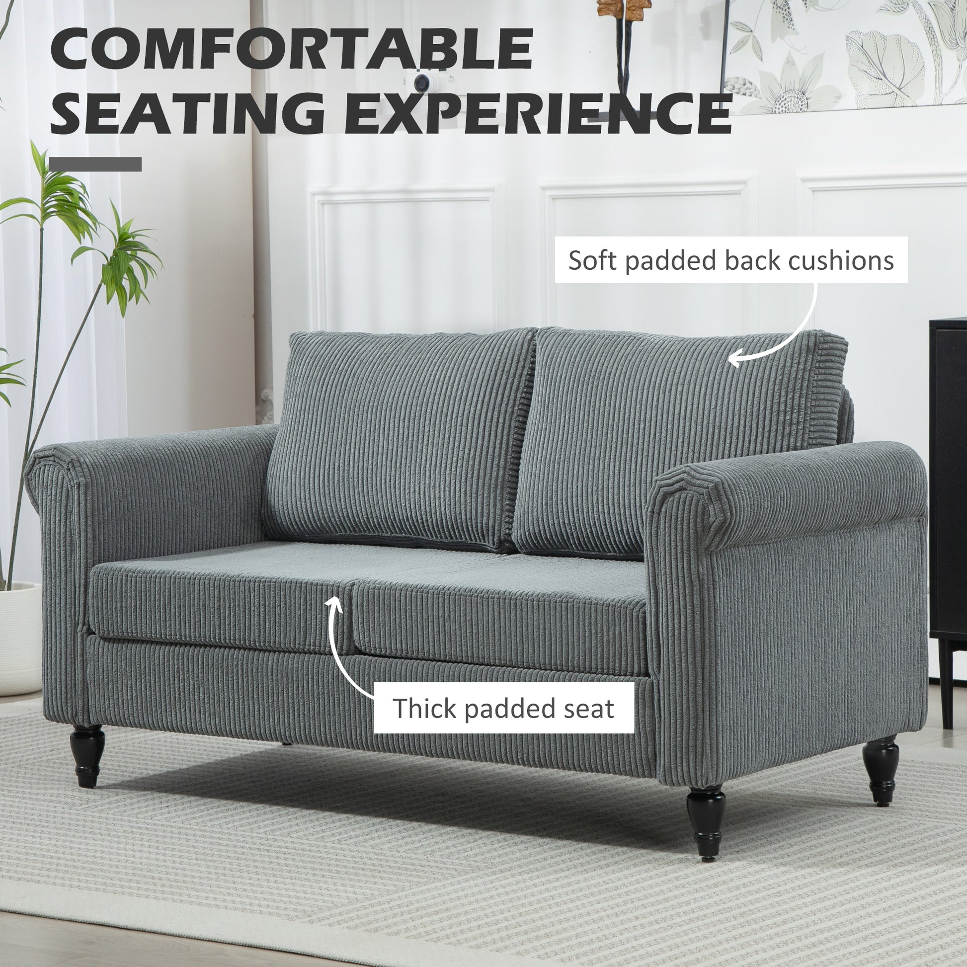 Vintage Loveseat, Upholstered Love Seat Furniture, Fabric 2 Seater Sofa with Rolled Arms, Rubber Wood Legs, Grey