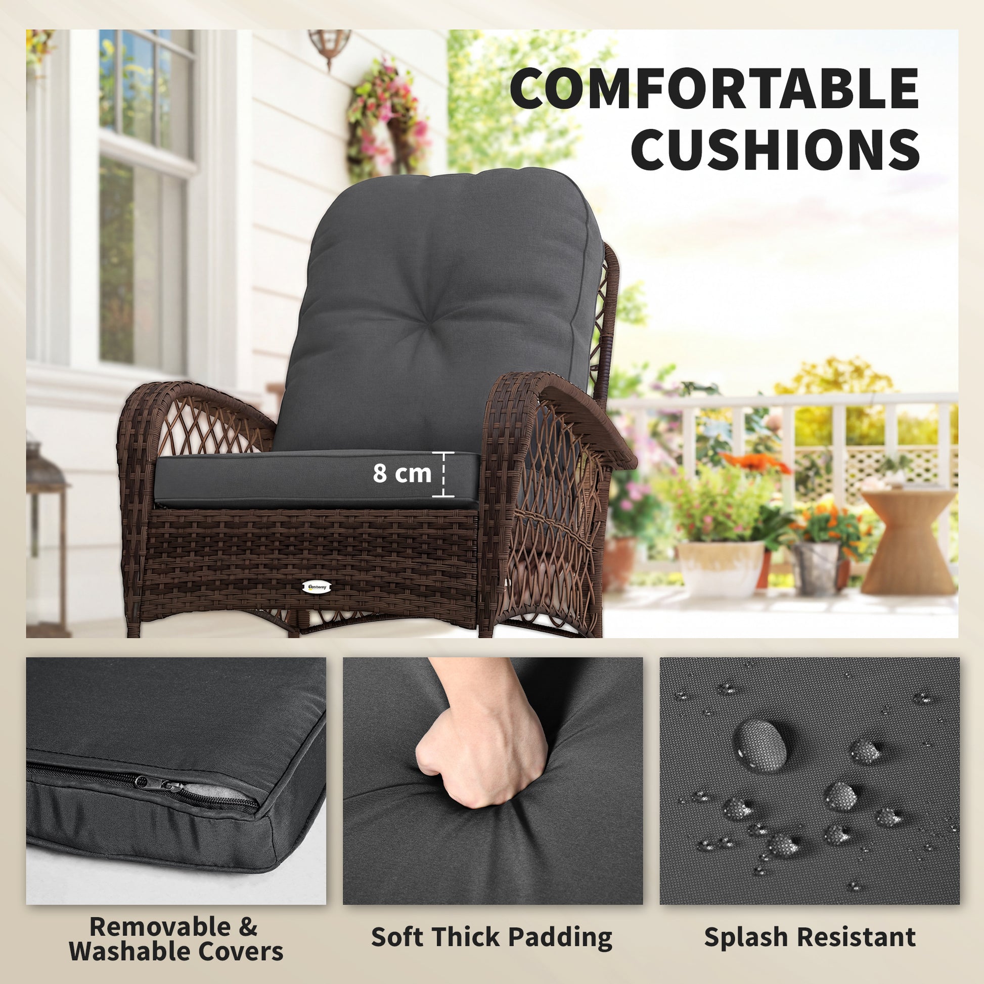 Outdoor Wicker Rattan Rocking Chair Patio Rocker with Thick Cushions for Garden Backyard Porch, Black