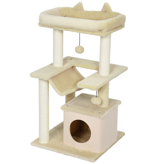 39.25'' Cat Tree Tower Multi-Level Kitten House with Scratching Post Condo Hammock Bed Ball Toy - Beige