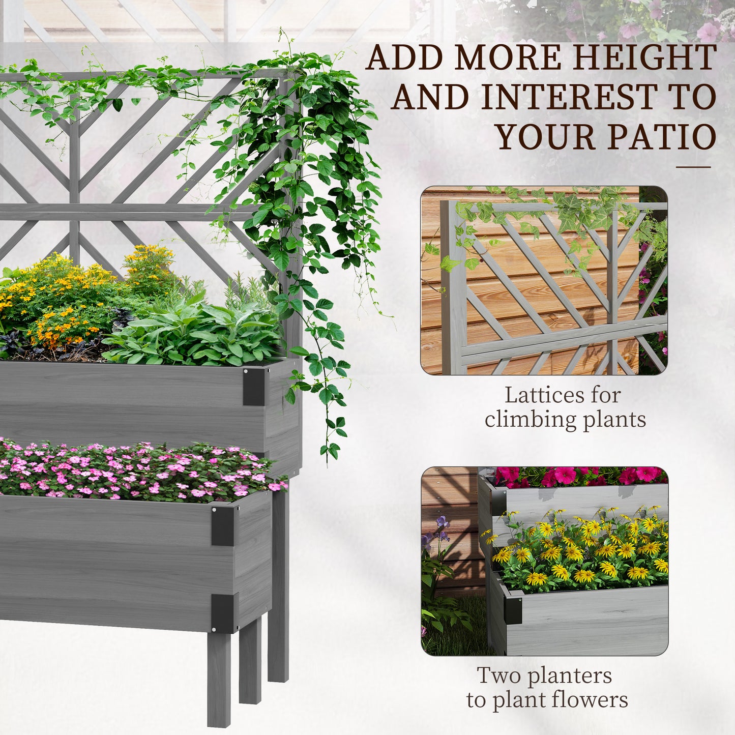 Raised Garden Bed with Trellis, 2 Tier Wooden Elevated Planter Box for Vegetables, Flowers, Herbs, Grey