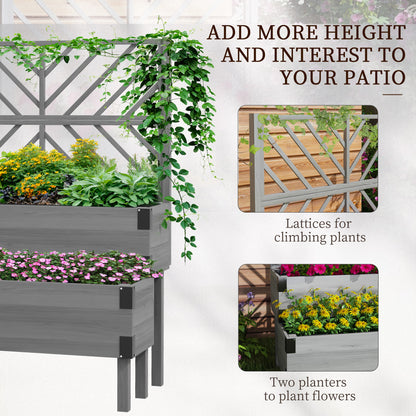 Raised Garden Bed with Trellis, 2 Tier Wooden Elevated Planter Box for Vegetables, Flowers, Herbs, Grey