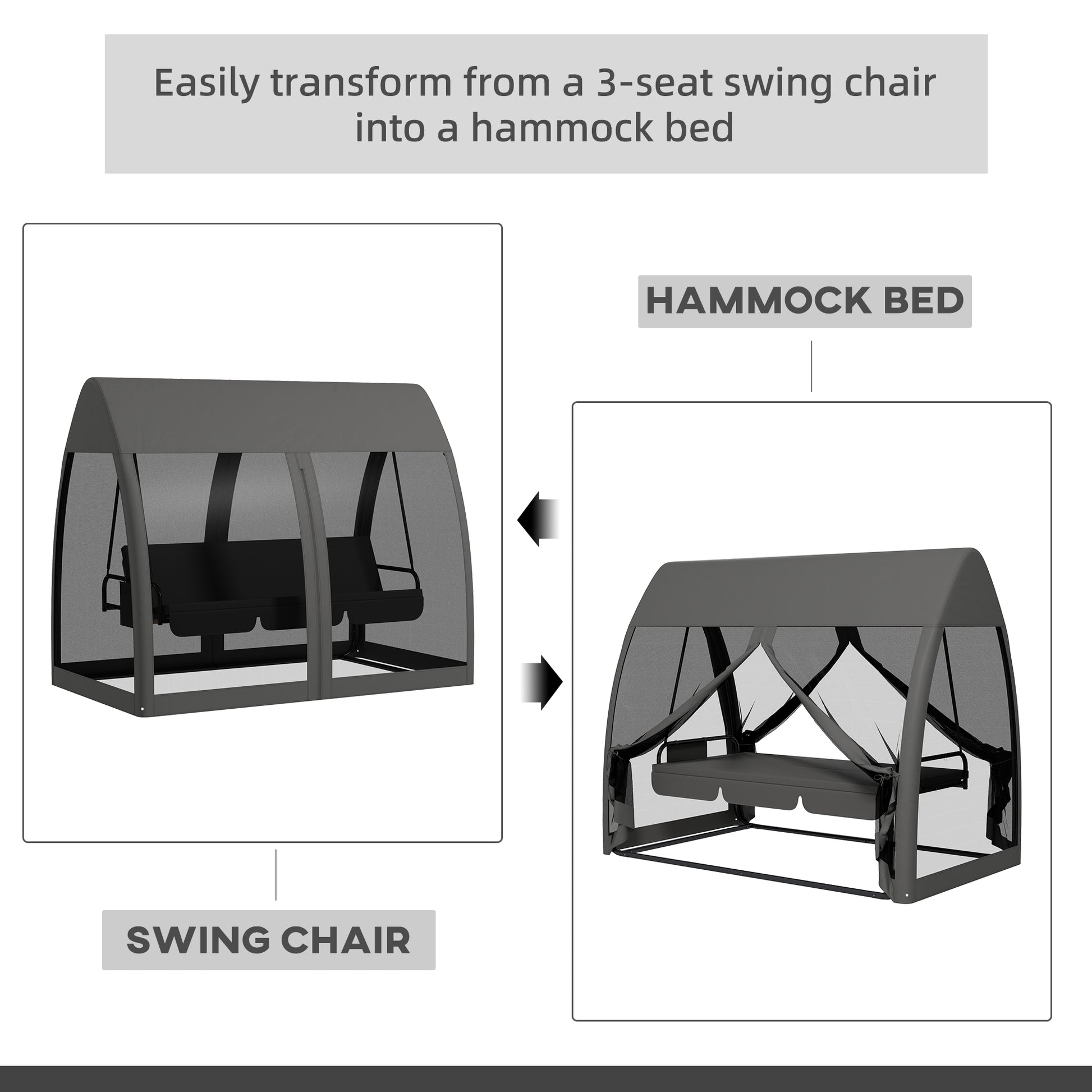 3-Seater Outdoor Swing Chair Chaise Lounger Bed Garden Hammock with Steel Stand, Canopy Netting Walls, Dark Grey