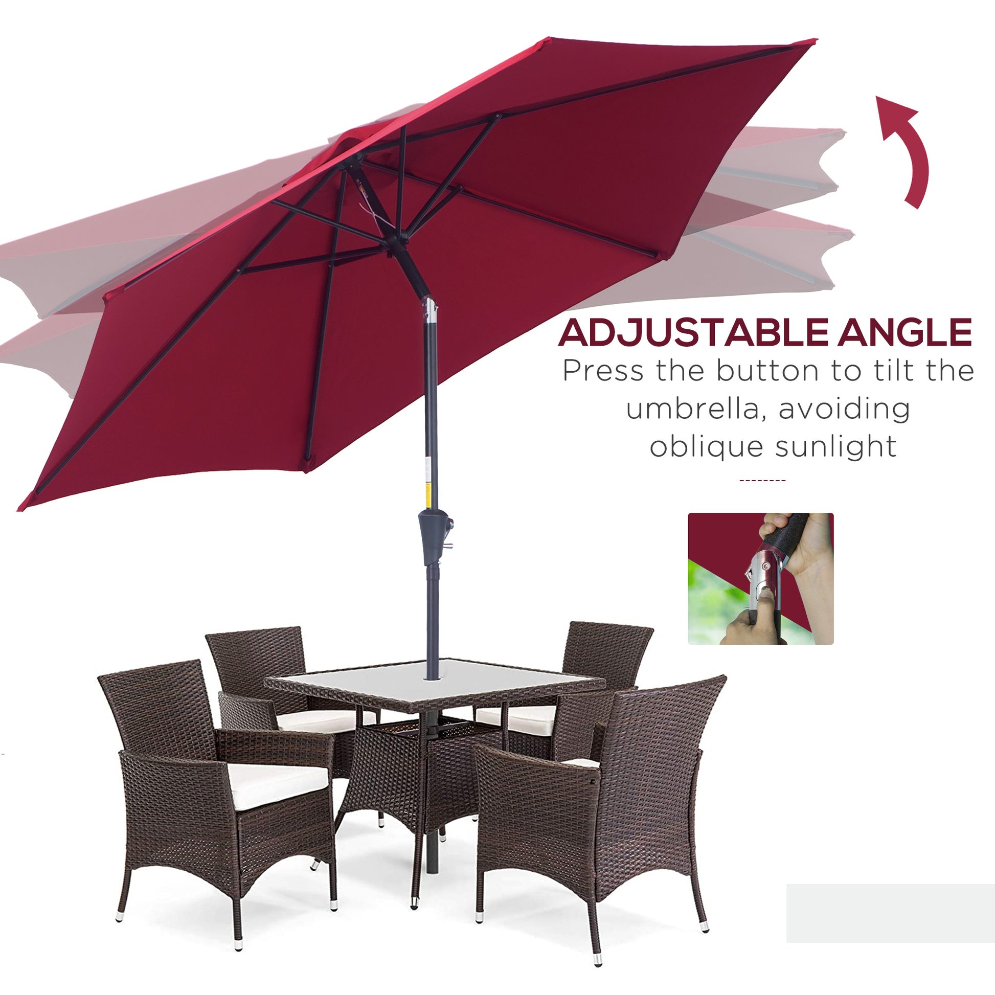 8.5FT Patio Umbrella, Round Garden Parasol with 6 Ribs, Market Sunshade Tilt Canopy w/ Crank Handle for Outdoor, Wine Red
