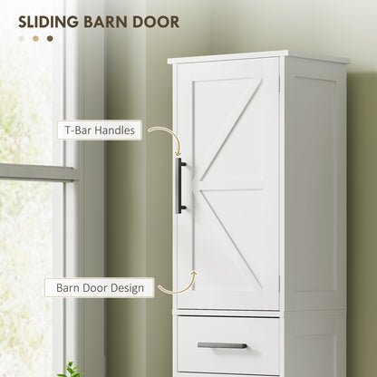 67" Tall Bathroom Cabinet, Narrow Bathroom Storage Cabinet with Drawer, Barn Doors and Adjustable Shelves, White