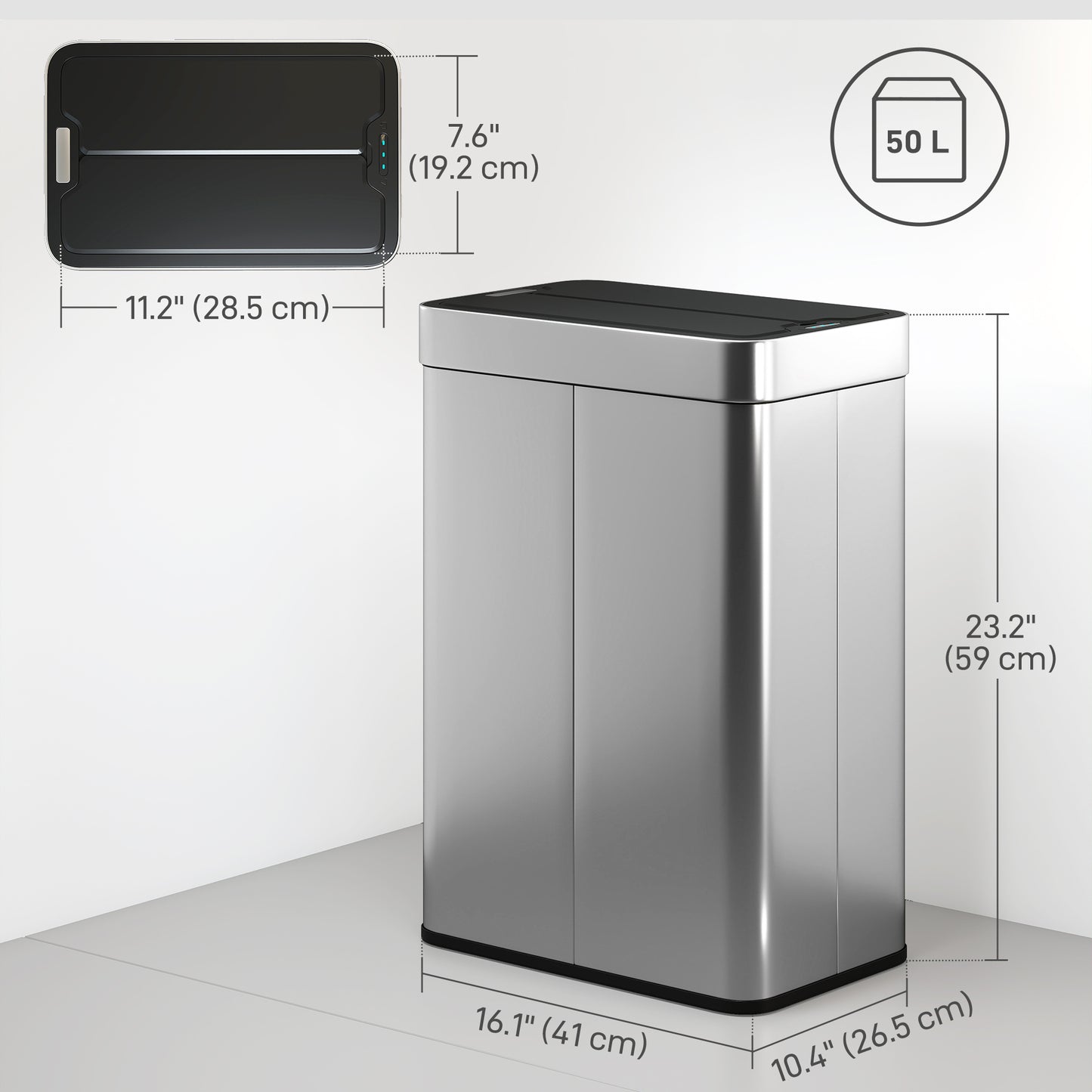 14.5 Gallon Sensor Can, Automatic Garbage Can with Soft-Close Butterfly Lid, Fingerprint-Proof Stainless Steel, Silver