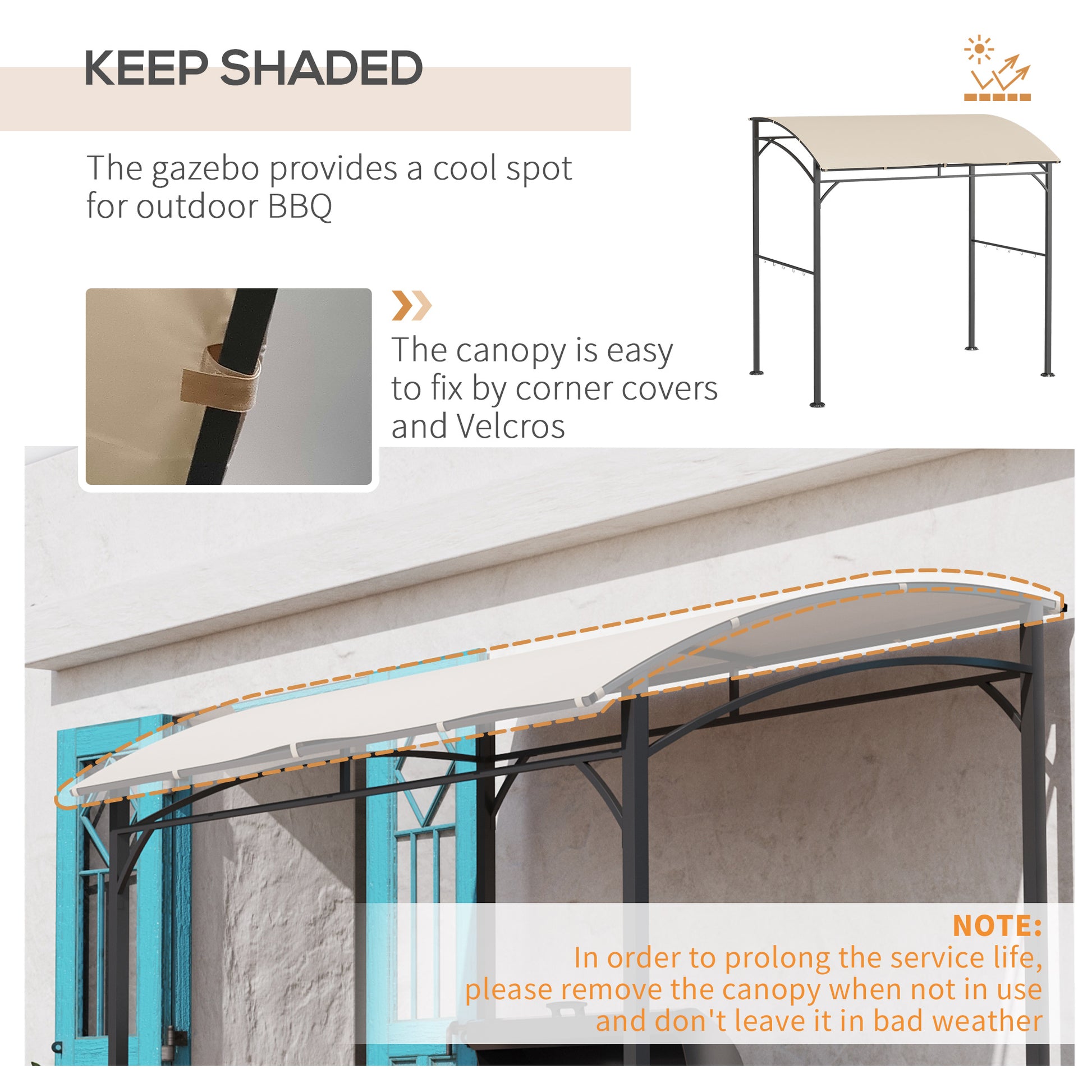 7' x 5' BBQ Grill Gazebo Tent, Garden Grill Canopy with Steel Frame and Hooks, Outdoor Sun Shade, Beige