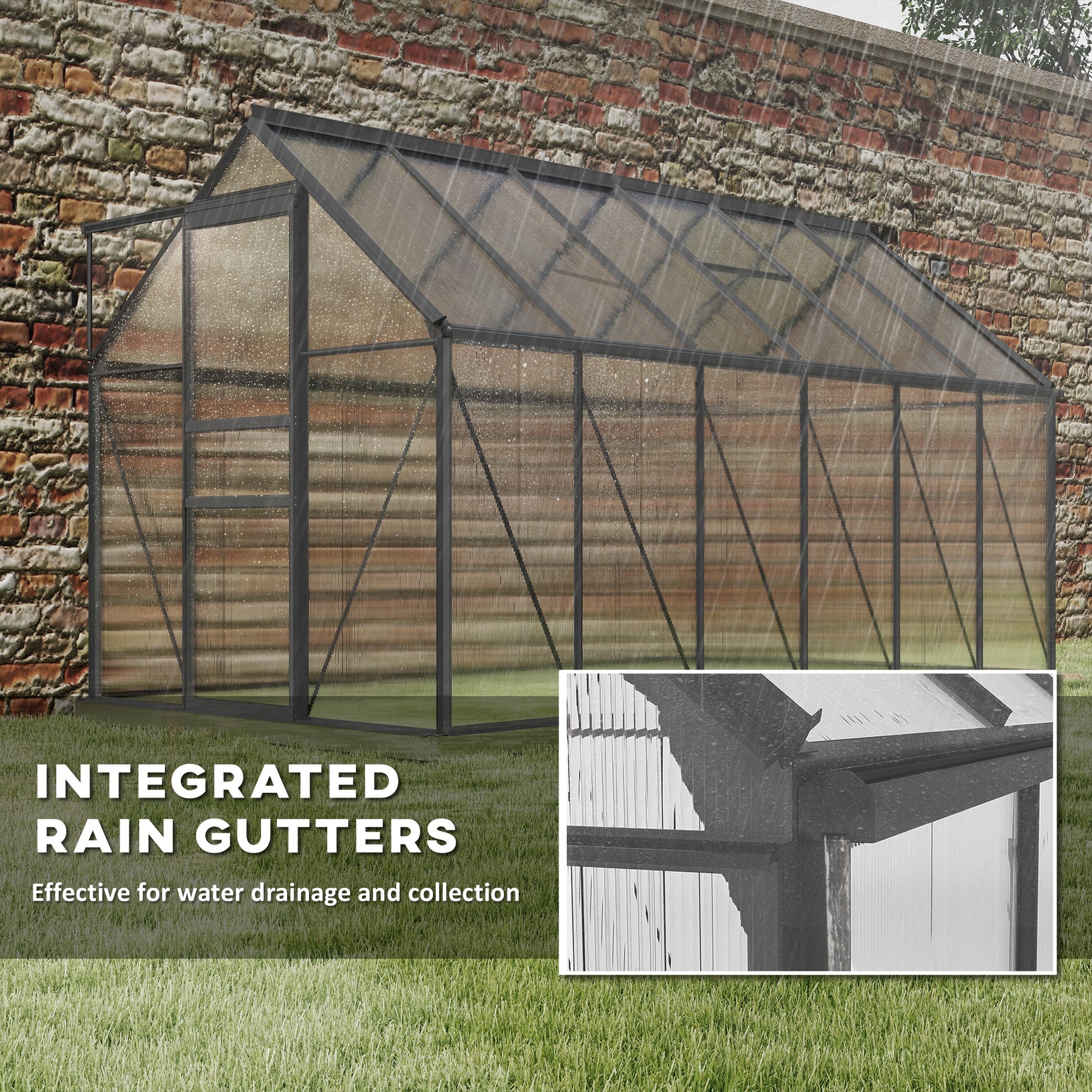 6' x 12' x 6.5' Polycarbonate Greenhouse, Walk-in Green House with Adjustable Roof Vent Galvanized Base Sliding Door Rain Gutter for Outdoor Garden Backyard, Charcoal Grey