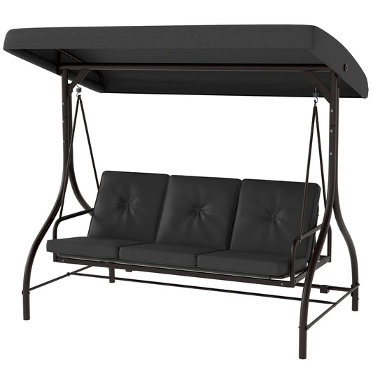 Convertible Patio Swing Bed with Canopy and Cushions, 3 Seater Porch Swing for Outdoor, Backyard, Garden, Dark Grey