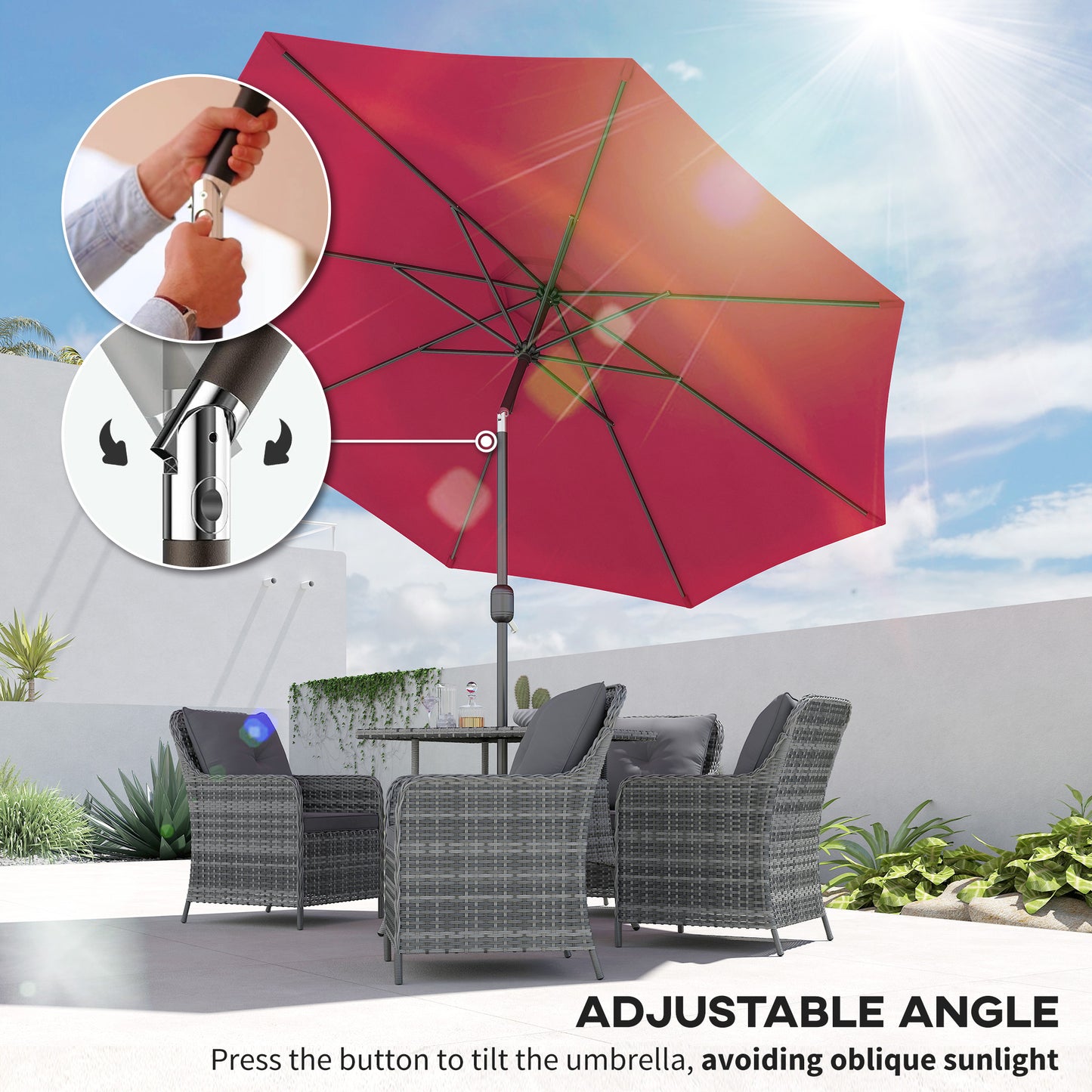 10' x 8' Round Market Umbrella, Patio Umbrella with Crank Handle and Tilt, Outdoor Parasol for Garden, Wine Red