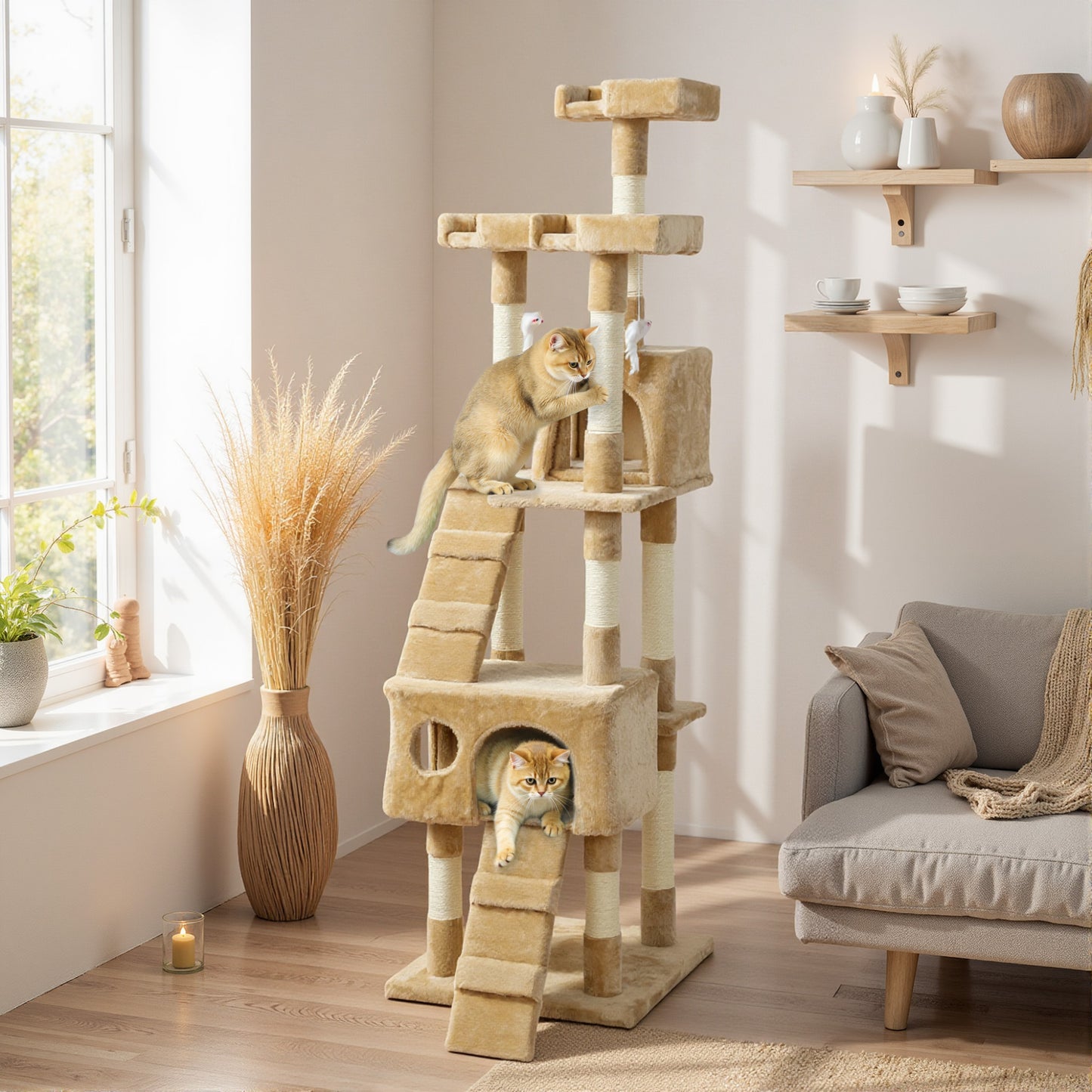 68-inch Multi-Level Cat Scratching Tree Kitty Activity Center Post Tower Condo Pet Furniture w/ Toy Light Brown