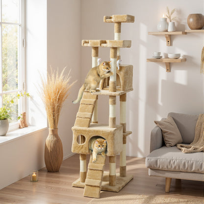 68-inch Multi-Level Cat Scratching Tree Kitty Activity Center Post Tower Condo Pet Furniture w/ Toy Light Brown
