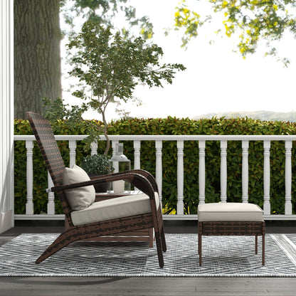 Wicker Adirondack Chair with Ottoman, Patio Cushioned Muskoka Chair with Armrests Brown/Cream White