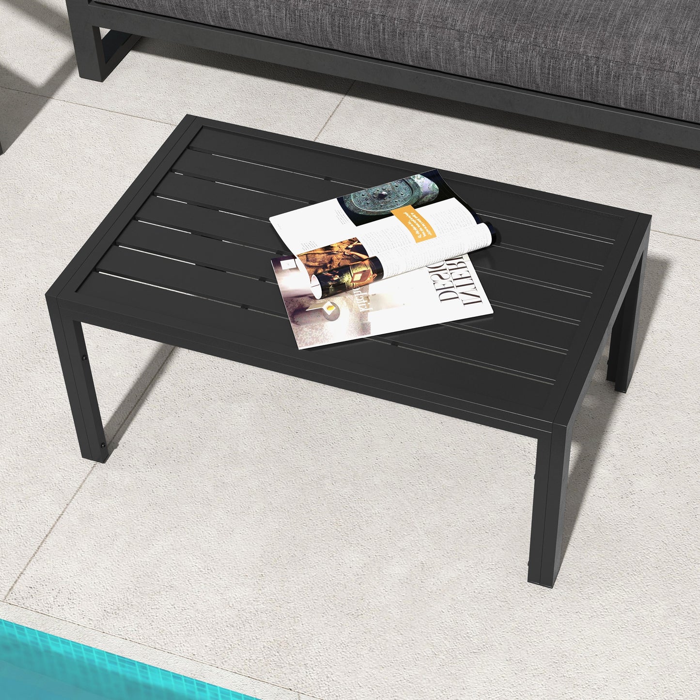 Outdoor Coffee Table, Rectangular Patio Table with Steel Frame and Slat Tabletop for Garden, Balcony, Black