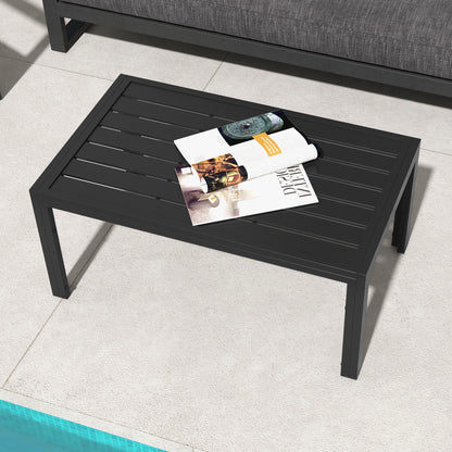 Outdoor Coffee Table, Rectangular Patio Table with Steel Frame and Slat Tabletop for Garden, Balcony, Black