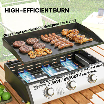 Propane Gas Grill with 3 Main Burners, 8530 BTU Outdoor BBQ Grill Cart with Non-Stick Griddle and Lid, Black