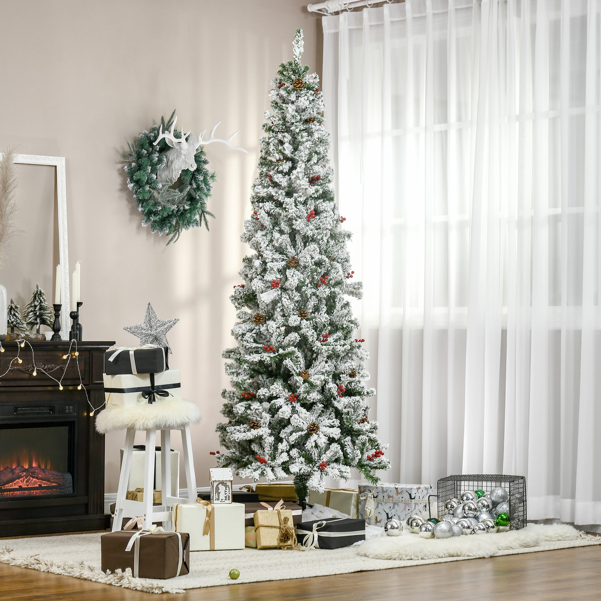 7.5 Foot Pencil Snow Flocked Artificial Christmas Tree with 950 Pine Realistic Branches, Pine Cones, Red Berries, Auto Open, Green