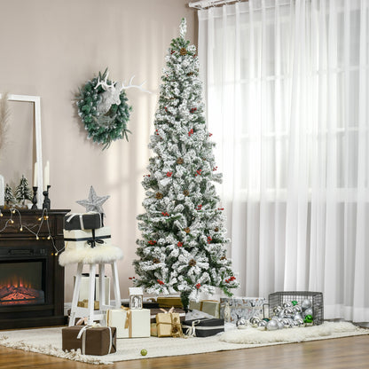 7.5 Foot Pencil Snow Flocked Artificial Christmas Tree with 950 Pine Realistic Branches, Pine Cones, Red Berries, Auto Open, Green