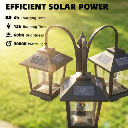 74" 3-Head Solar Lamp Post Light, Waterproof LED Solar Light Posts with Automatic Dusk-to-Dawn Sensor, IP44 Waterproof