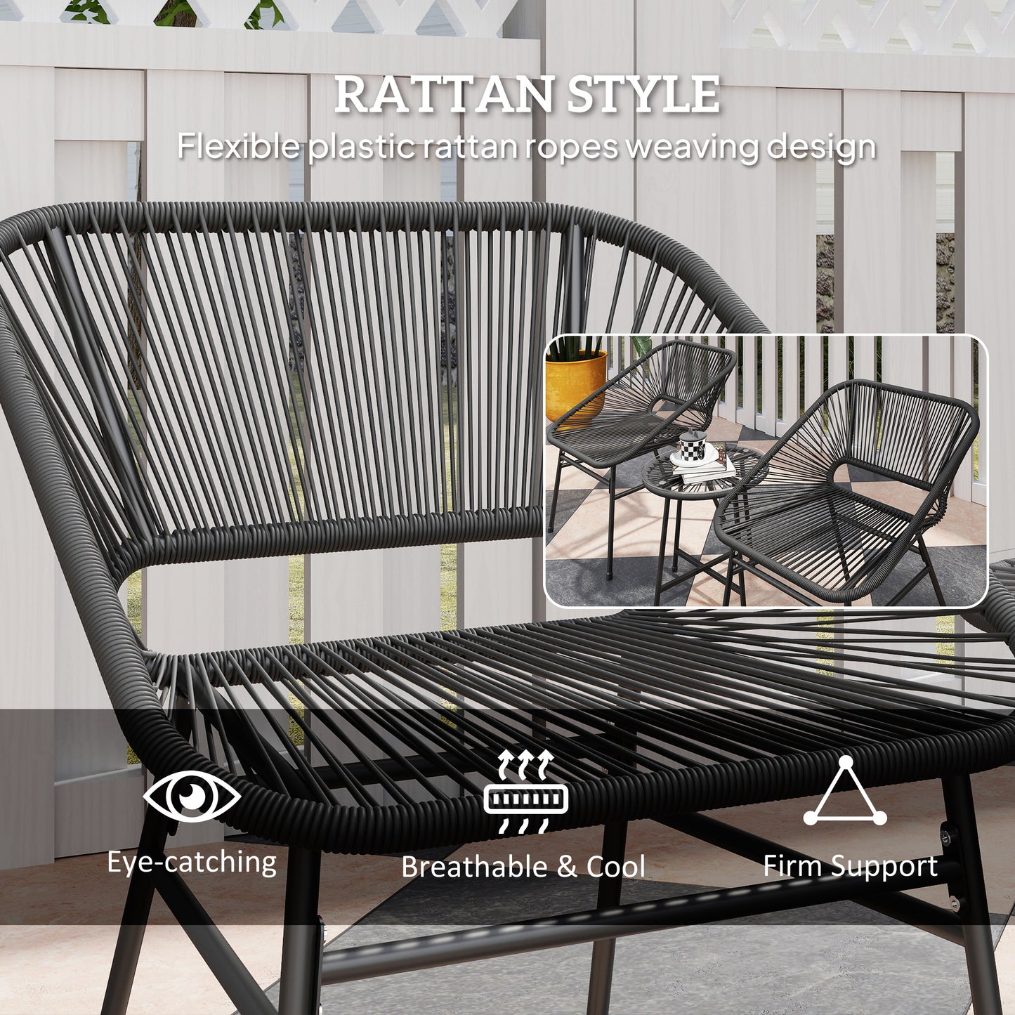 3 Piece Bistro Set, Wicker Outdoor Patio Furniture Set with Glass Top Table, Cushions for Balcony, Porch, Black