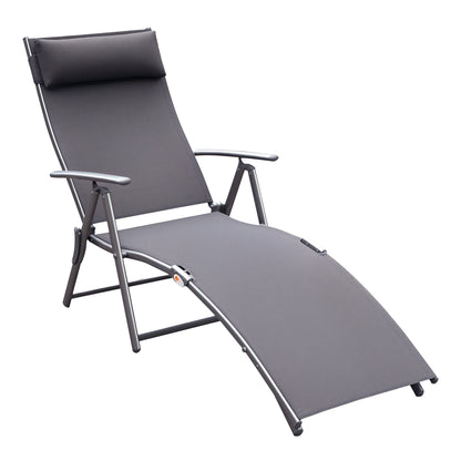 Heavy-duty Adjustable Folding Reclining Chair Outdoor Sun Lounger Patio Chaise Lounge Garden Beach Gravity Lounge with Pillow, 7 Adjustable Backrest Positions, Grey