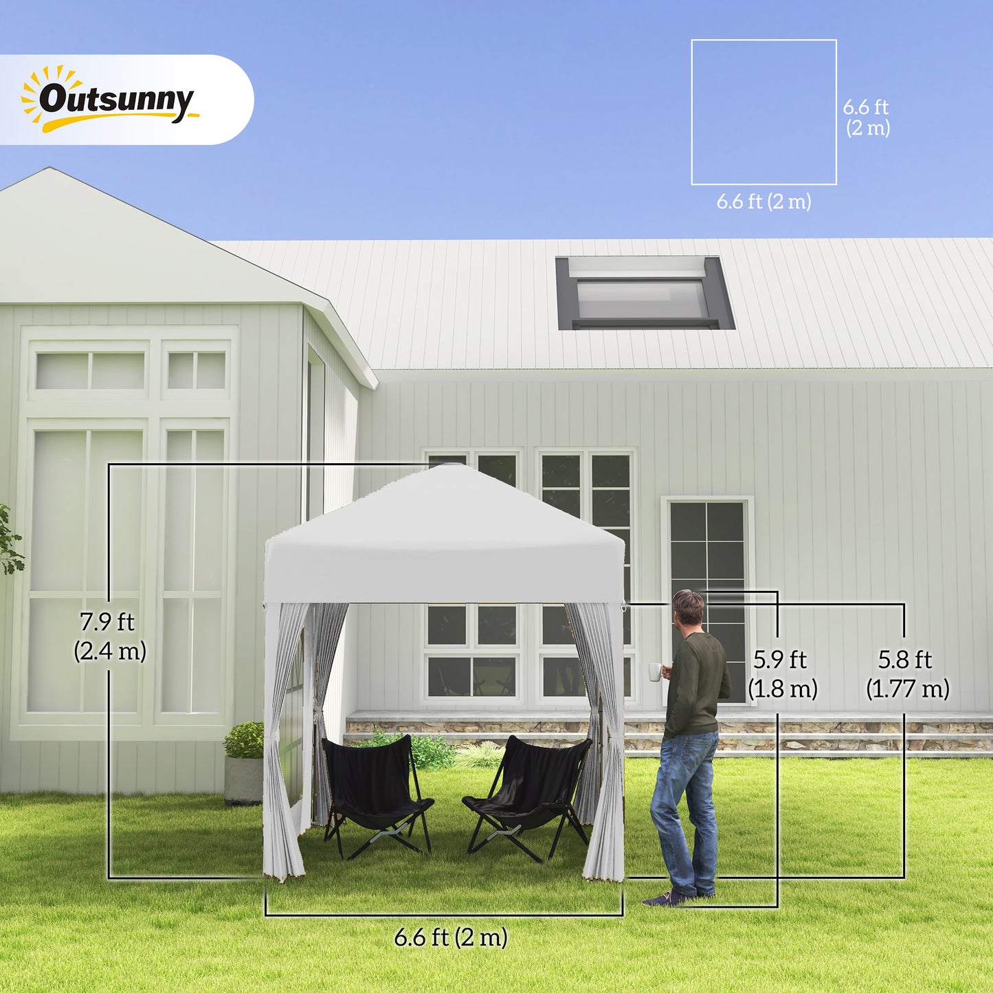 6.6'x6.6' Pop Up Canopy Tent with Sidewalls, Instant Sun Shelter Camping Gazebo with Carry Bag, White