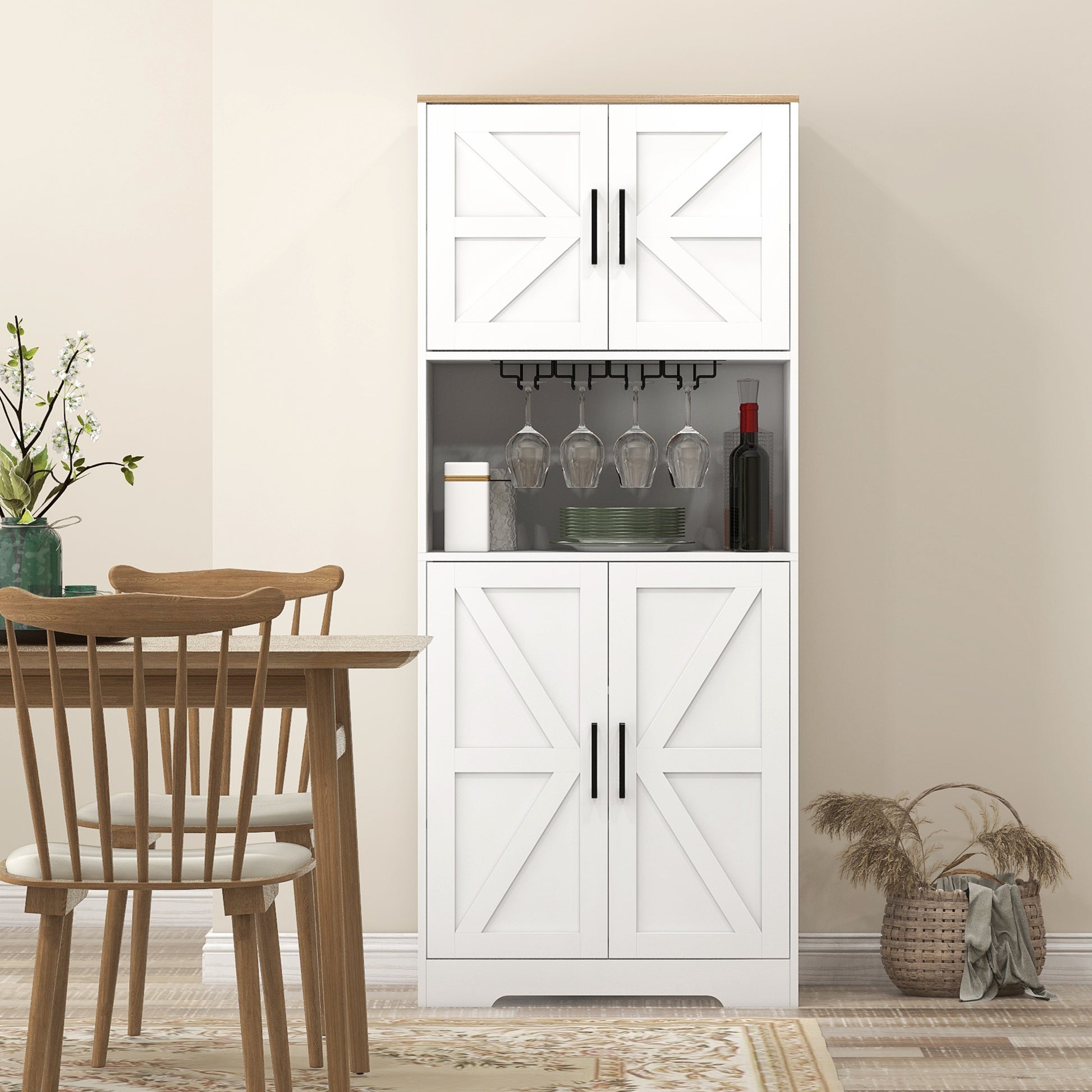 Farmhouse Kitchen Pantry, 68" Freestanding Hutch Storage Cabinet with Microwave Oven Countertop, White