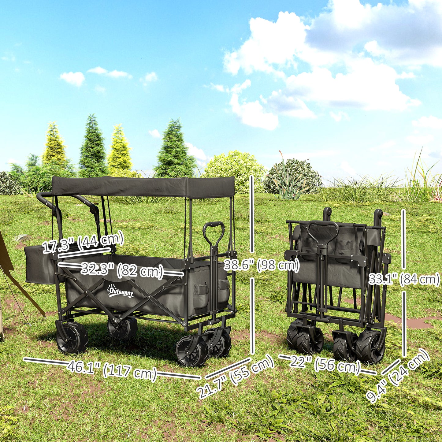 80L Folding Wagon Cart with Wheels, Heavy-Duty Collapsible Wagon with Removable Canopy, Adjustable Handle, Black