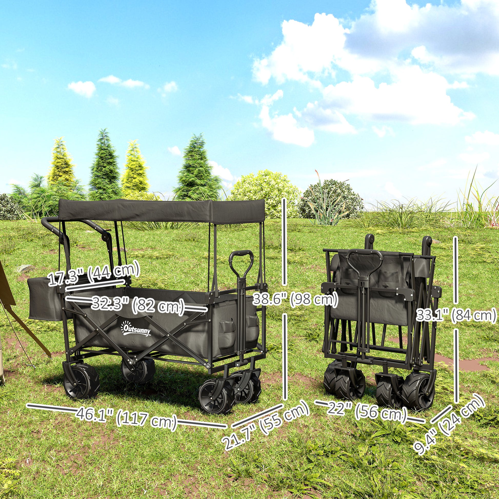 80L Folding Wagon Cart with Wheels, Heavy-Duty Collapsible Wagon with Removable Canopy, Adjustable Handle, Black