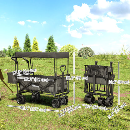 80L Folding Wagon Cart with Wheels, Heavy-Duty Collapsible Wagon with Removable Canopy, Adjustable Handle, Black
