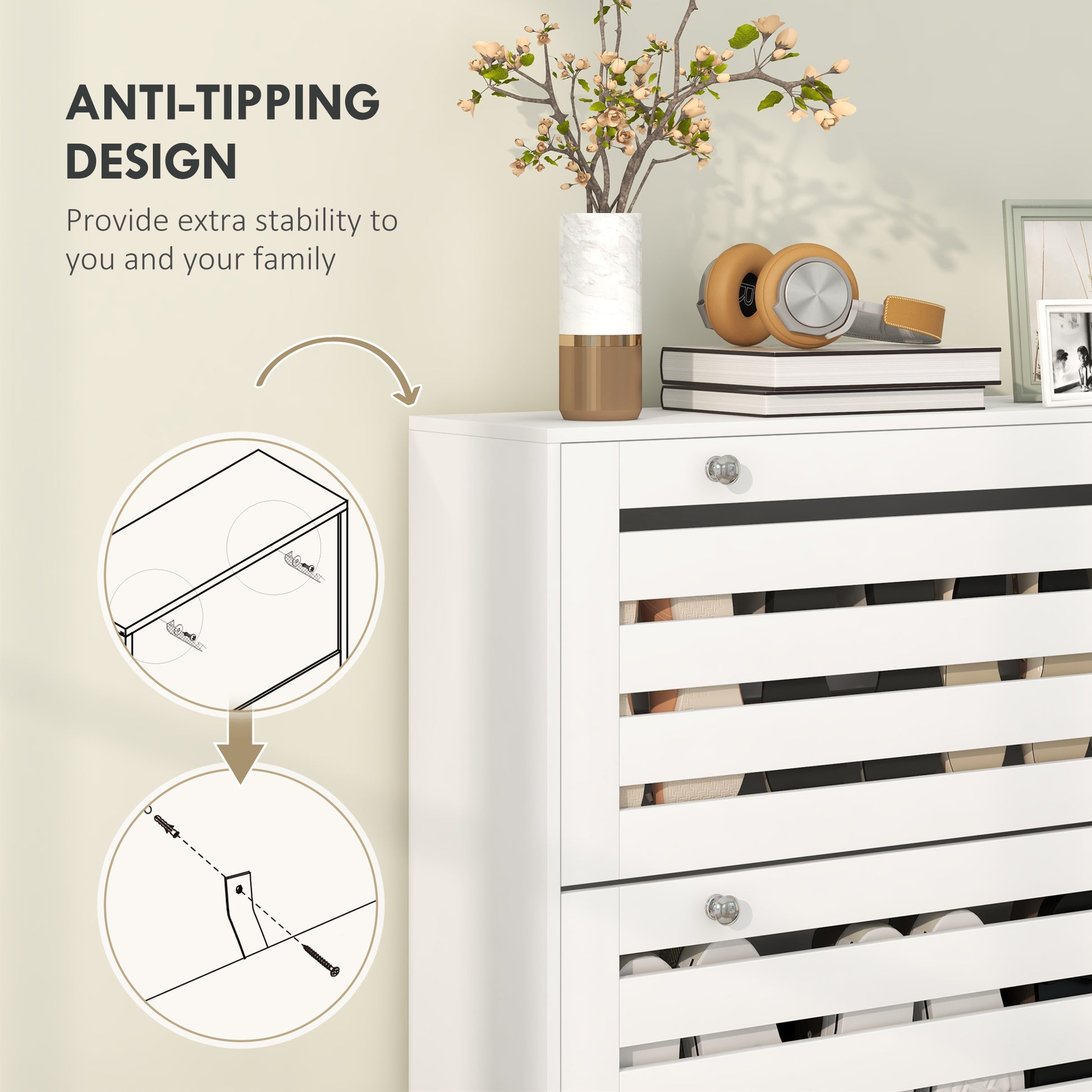 Narrow Shoe Storage Cabinet, 3 Flip Drawers, Adjustable Shelves, 18-24 Pairs Capacity, White