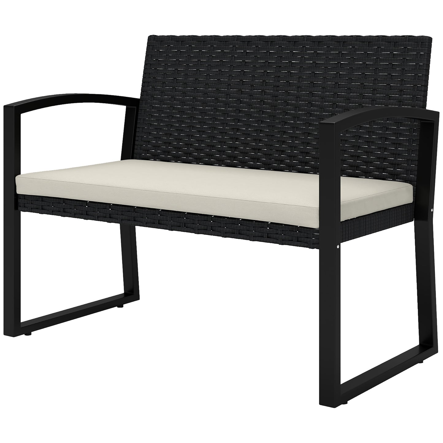 2 Seater Outdoor Bench, Rattan Garden Bench Loveseat with Cushion, Armrests, Steel Frame for Patio, Porch, Beige