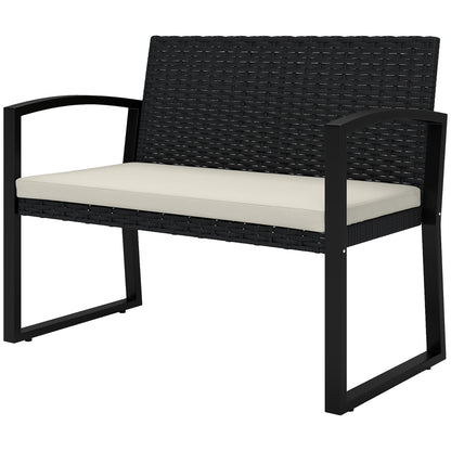 2 Seater Outdoor Bench, Rattan Garden Bench Loveseat with Cushion, Armrests, Steel Frame for Patio, Porch, Beige