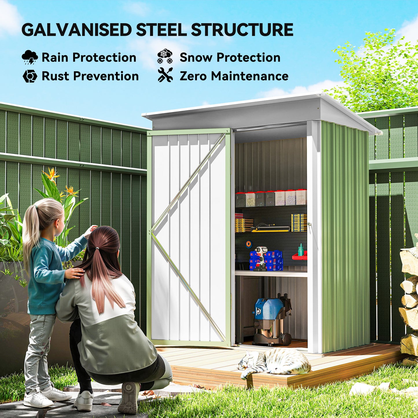 Outdoor Storage Shed, Steel Lean-to Shed with Adjustable Shelf, Lock, Gloves, 5'x3'x6', Green