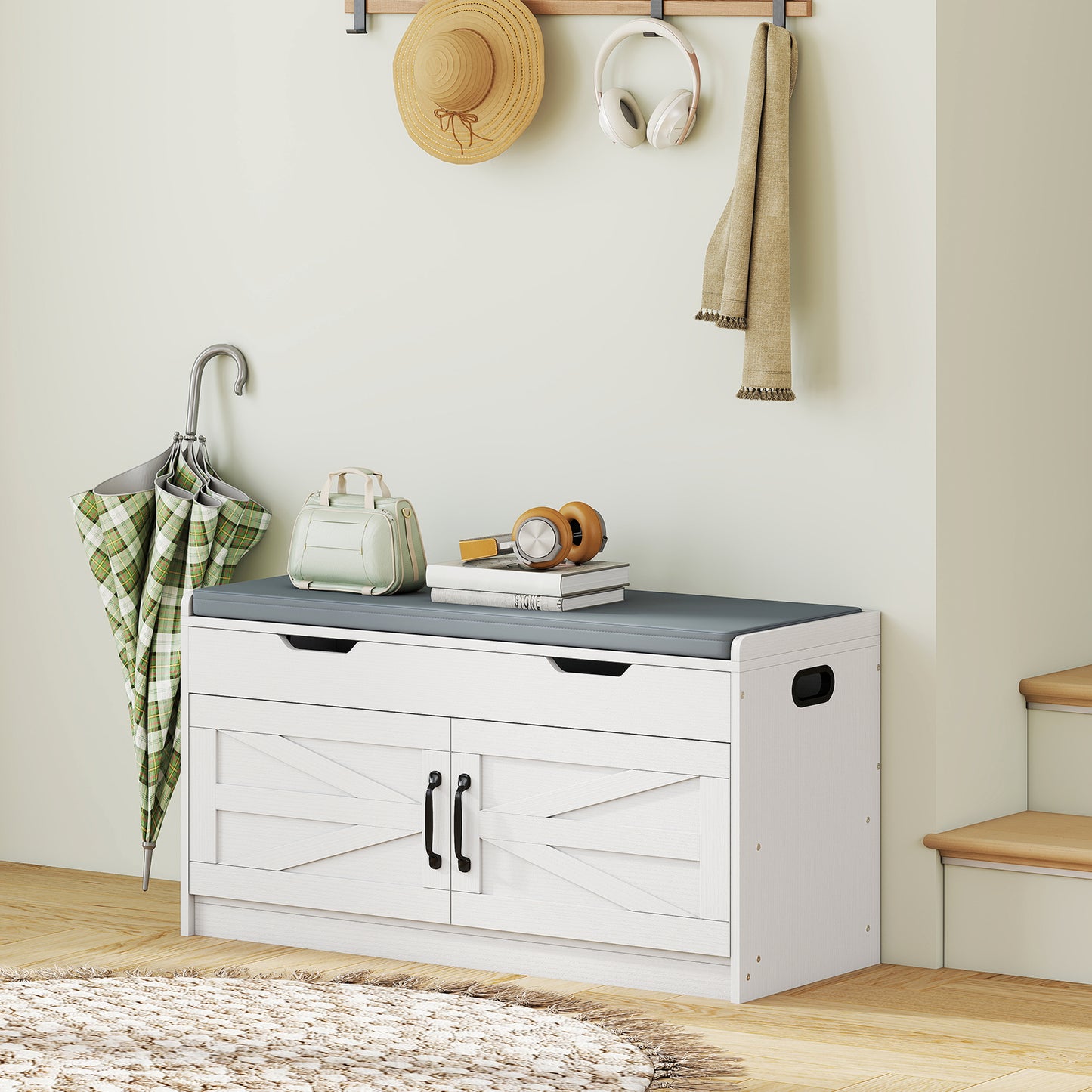 Shoe Storage Bench, Entryway Bench with 2-Tier Cabinet, Flip-Top Storage, Padded Cushion for Hallway, White